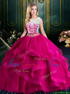 Trendy Scoop Sleeveless Tulle 15 Quinceanera Dress Lace and Ruffles Brush Train Lace Up