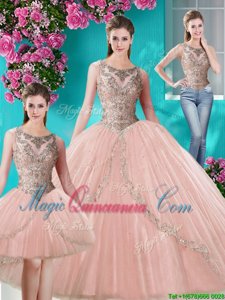 Three Piece Scoop Floor Length Peach 15th Birthday Dress Tulle Sleeveless Beading and Appliques