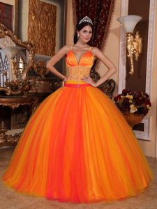 Beaded Waist Orange Red Quinceanera Gown Dress Spaghetti Straps