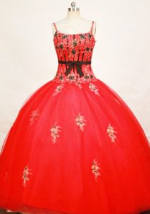 Straps Appliques Tulle Red Quinceanera Dresses with Cute Black Sash