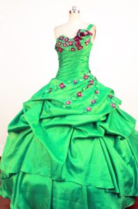 Hand Made Flowers and Ruche One Shoulder Dresses 15 Beading in Green