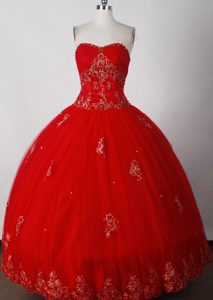 Red Appliques Strapless Beading Floor-length Quinceanera Gowns Dresses