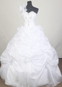 One Shoulder with Ruffles and Beaded Quinceanera Dress in White