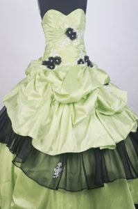 Yellow Green Quinceanera Dress Decorated Black Handle Flowers