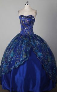 Floral Printing Lace Overlay with Slit Quinceanera Gown in Royal Blue