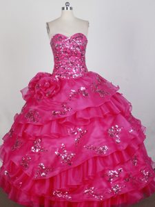 Luxurious Layered Hot Pink Sweet 16 Gown with Sequins