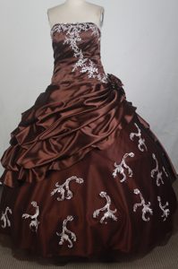 Brown Color Patterned Appliques 2013 Strapless Quinceanera Dress