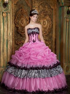 Appliques Pick ups Rose Pink Quinceanera Dress with Zebra Print