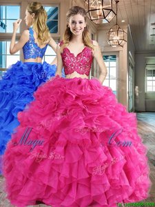 Attractive V-neck Sleeveless 15th Birthday Dress Floor Length Lace and Ruffles Hot Pink Organza