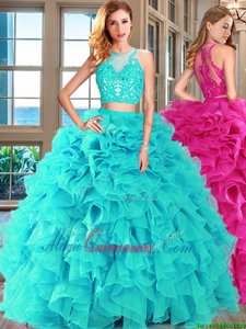 Scoop Aqua Blue Two Pieces Appliques and Ruffles Quinceanera Gowns Lace Up Organza Sleeveless Floor Length