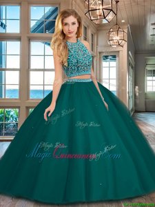 Customized Scoop Sleeveless Backless Sweet 16 Quinceanera Dress Dark Green Tulle