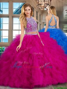 Popular Scoop Fuchsia Sleeveless Tulle Backless Sweet 16 Dresses for Military Ball and Sweet 16 and Quinceanera