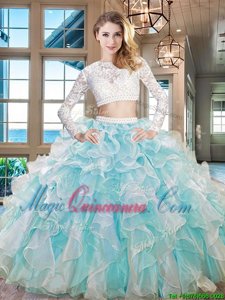 Scoop Long Sleeves Floor Length Beading and Lace and Ruffles Zipper 15th Birthday Dress with Aqua Blue