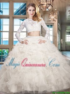 Scoop Long Sleeves Floor Length Zipper Quinceanera Dress White and In for Military Ball and Sweet 16 and Quinceanera with Beading and Lace and Ruffles