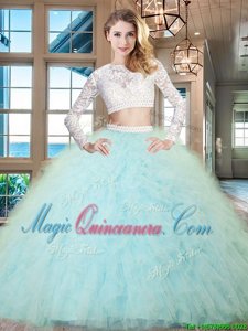 Scoop Floor Length Light Blue Sweet 16 Dresses Tulle Long Sleeves Beading and Lace and Ruffles