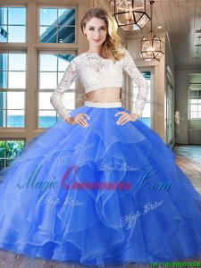 Cheap Blue Two Pieces Organza Scoop Long Sleeves Beading and Lace and Ruffles Zipper Quinceanera Gown Brush Train