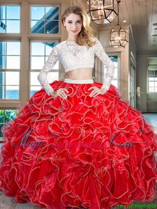 High Class Scoop Red Two Pieces Beading and Lace and Ruffles 15 Quinceanera Dress Zipper Organza Long Sleeves Floor Length