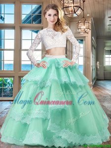 Apple Green Two Pieces Tulle and Lace Scoop Long Sleeves Beading and Lace and Ruffled Layers Floor Length Zipper Sweet 16 Quinceanera Dress