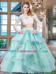 Scoop Long Sleeves Floor Length Beading and Lace and Ruffled Layers Zipper Sweet 16 Dresses with Aqua Blue