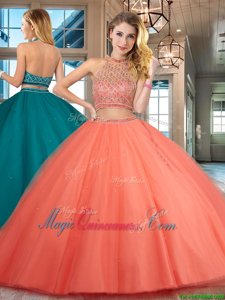 Sumptuous Halter Top Sleeveless Tulle Floor Length Backless Sweet 16 Dresses in Orange Red for with Beading