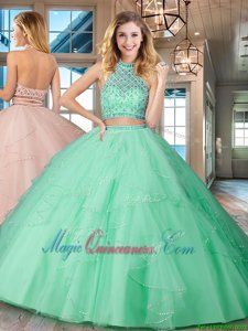 Excellent Halter Top Floor Length Two Pieces Sleeveless Apple Green Quinceanera Dresses Backless