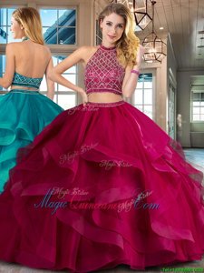 Chic Fuchsia Sweet 16 Dress Military Ball and Sweet 16 and Quinceanera and For with Beading and Ruffles Halter Top Sleeveless Brush Train Backless