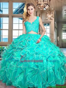 Chic Sleeveless Zipper Floor Length Lace and Ruffles 15 Quinceanera Dress