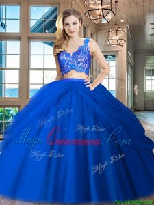 Gorgeous Floor Length Royal Blue 15 Quinceanera Dress Tulle Sleeveless Lace and Ruffled Layers