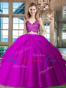 Ruffled Floor Length Two Pieces Sleeveless Fuchsia Sweet 16 Dress Zipper