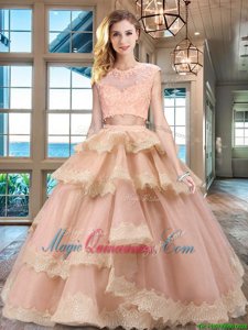 Scoop Cap Sleeves Quinceanera Gown Floor Length Beading and Lace and Appliques and Ruffled Layers Peach Tulle