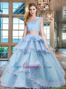 Scoop Floor Length Light Blue Ball Gown Prom Dress Tulle Cap Sleeves Beading and Lace and Appliques and Ruffled Layers