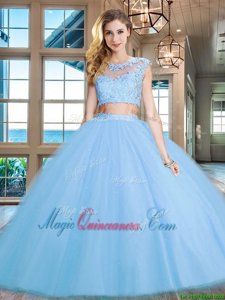 Flirting Light Blue Tulle Zipper Scoop Cap Sleeves Floor Length Ball Gown Prom Dress Beading and Appliques