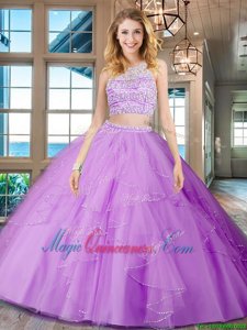 Low Price Scoop Sleeveless Tulle Floor Length Backless Sweet 16 Dresses in Lilac for with Beading and Ruffles