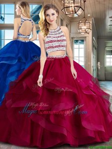 Scoop Wine Red Two Pieces Beading and Ruffles Sweet 16 Dresses Backless Tulle Sleeveless With Train