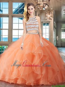 Top Selling Scoop Beading and Ruffles 15 Quinceanera Dress Orange Backless Sleeveless With Brush Train