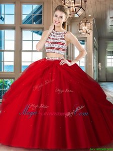 Pick Ups Floor Length Red Quinceanera Dress Scoop Sleeveless Backless