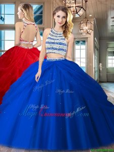 Best Royal Blue Scoop Backless Beading and Pick Ups 15 Quinceanera Dress Sleeveless