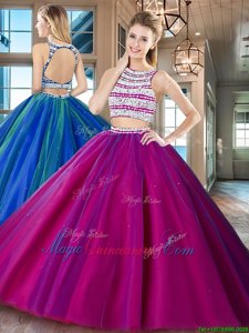 Scoop Sleeveless Floor Length Beading Backless Sweet 16 Quinceanera Dress with Fuchsia