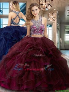 Gorgeous Burgundy Tulle Criss Cross Scoop Sleeveless With Train Vestidos de Quinceanera Brush Train Beading and Ruffles