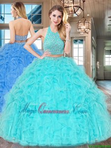 Great Backless Halter Top Sleeveless Sweet 16 Dresses Floor Length Beading and Ruffles Aqua Blue Tulle