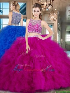 Free and Easy Fuchsia Two Pieces Bateau Sleeveless Tulle With Brush Train Side Zipper Beading and Ruffles Quinceanera Gown