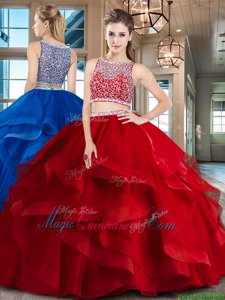 Red Tulle Side Zipper Bateau Sleeveless Floor Length Quinceanera Gowns Beading and Ruffles