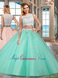 Superior Two Pieces Quinceanera Gowns Apple Green Bateau Tulle Sleeveless Floor Length Side Zipper