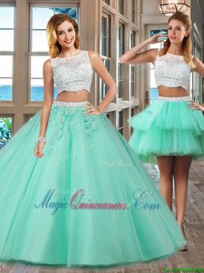 Dazzling Floor Length Two Pieces Sleeveless Apple Green 15th Birthday Dress Side Zipper