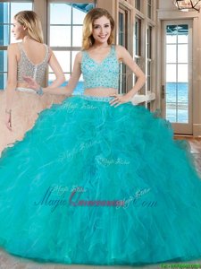 Latest Sleeveless Floor Length Beading and Ruffles Zipper Quinceanera Dresses with Teal