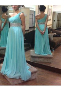 Attractive Baby Blue A-line Chiffon One Shoulder Sleeveless Beading and Sashes ribbons Floor Length Side Zipper Mother Of The Bride Dress