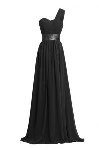 Popular One Shoulder Sleeveless Floor Length Ruching and Belt Zipper Prom Dress with Black