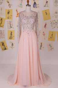 Deluxe Scoop Beading Dress for Prom Pink Zipper Long Sleeves With Brush Train