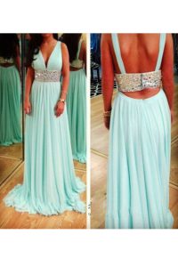 Customized V-neck Sleeveless Dress for Prom Floor Length Beading Aqua Blue Chiffon