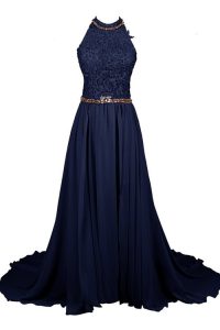 Sophisticated Lace Navy Blue Halter Top Neckline Beading Homecoming Dress Sleeveless Zipper